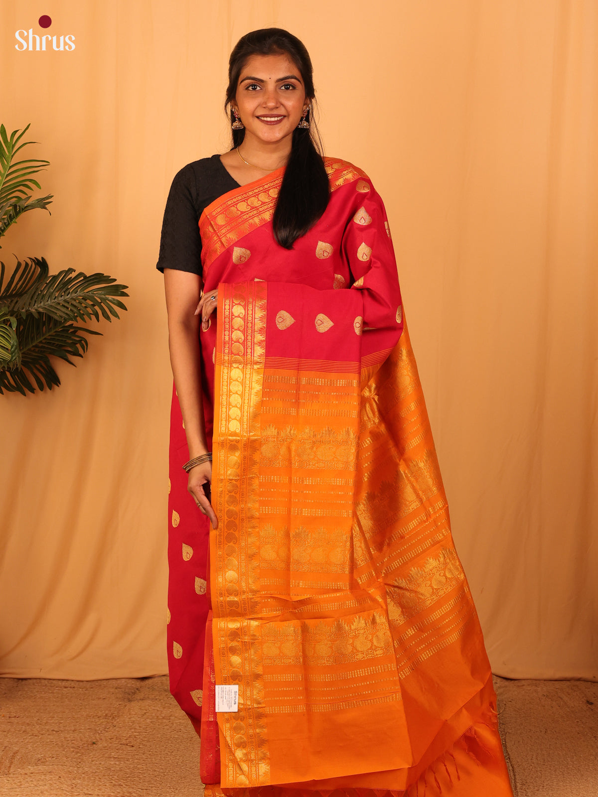 Red & Orange - Silkcotton-halfpure Saree