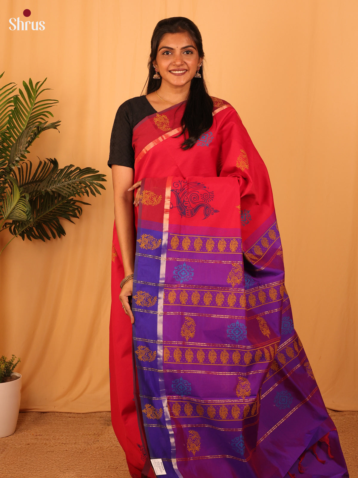 Red  & Violet - Silkcotton-halfpure Saree