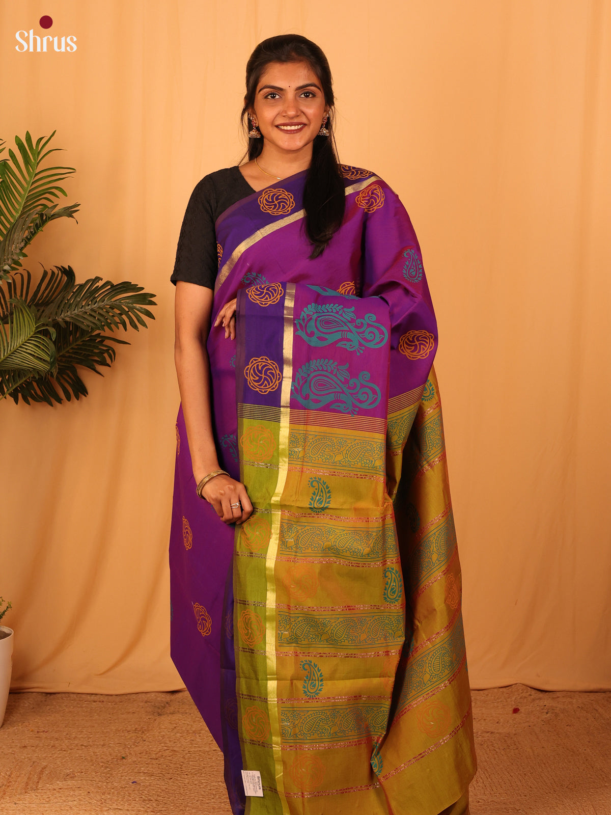 Violet & Green - Silkcotton-halfpure Saree