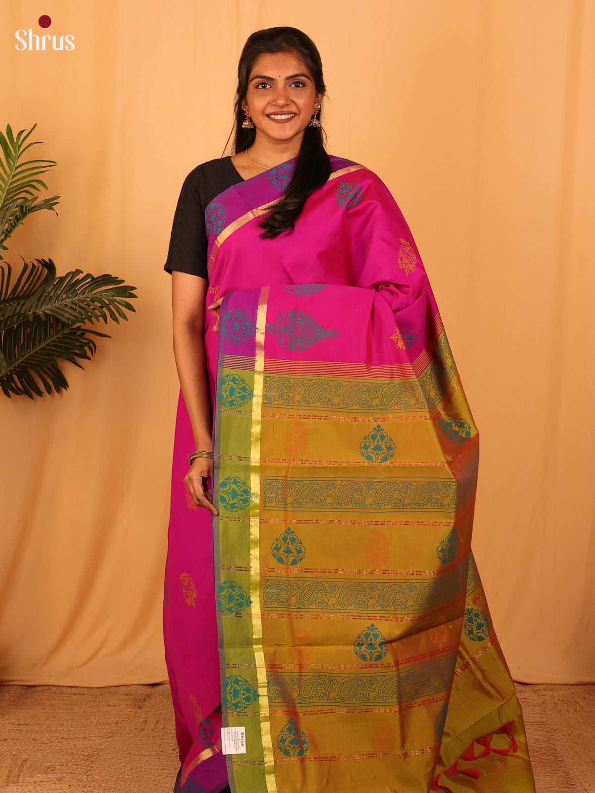 Pink & Green - Silkcotton-halfpure Saree - Shop on Shrus.com