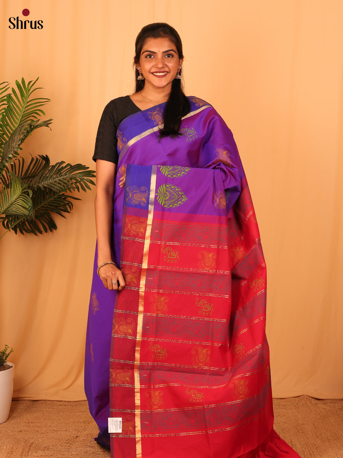 Purple & Red - Silkcotton-halfpure Saree