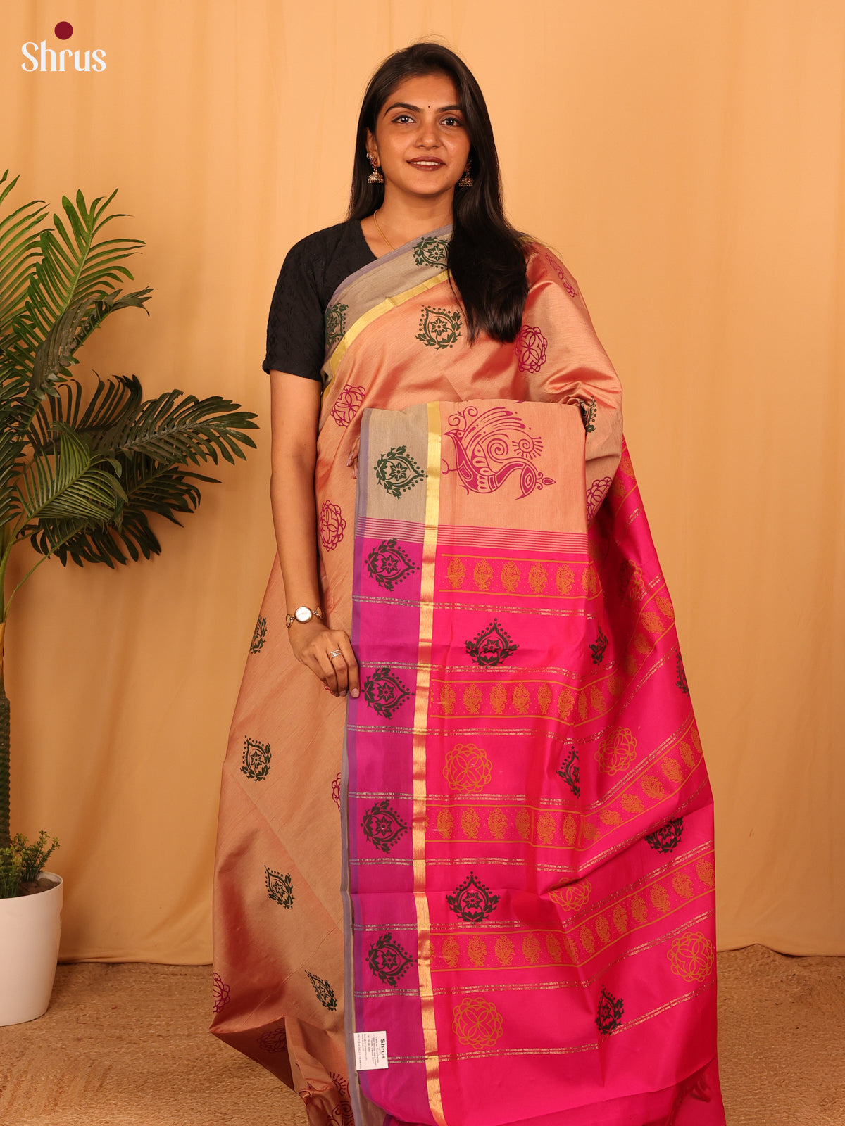 Peach & Pink- Silkcotton-halfpure Saree - Shop on Shrus.com