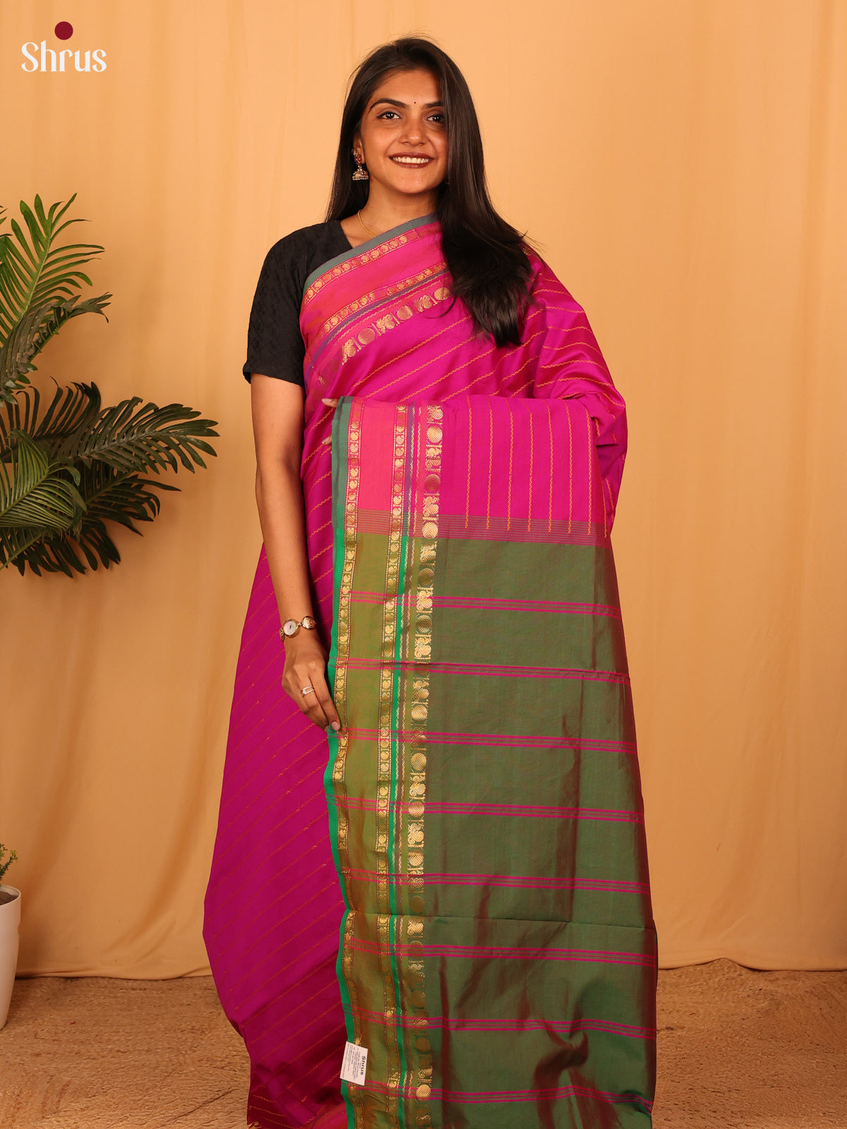 Pink & Green - Silkcotton-halfpure Saree - Shop on Shrus.com