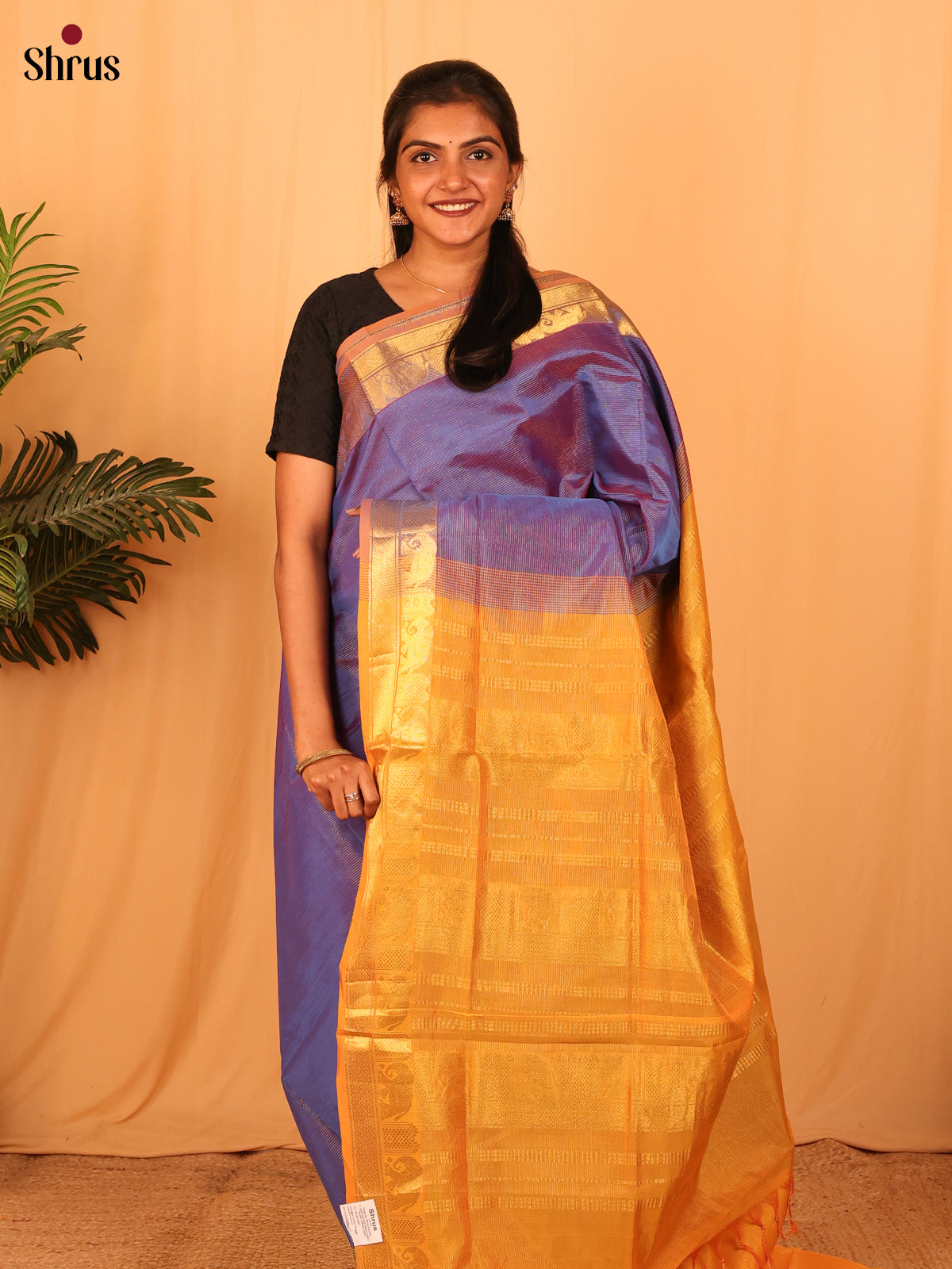 Violet  & Mustard - Silkcotton-halfpure Saree