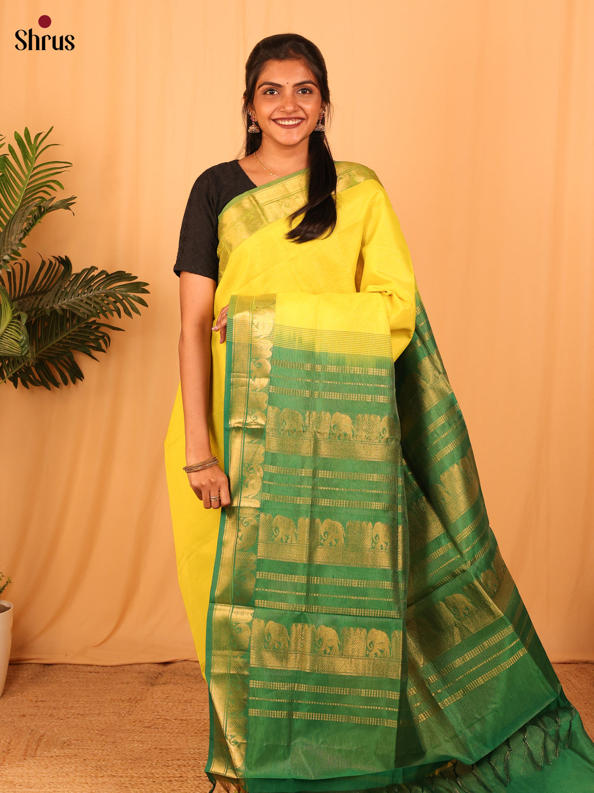 Lime Green & Green - Silkcotton-halfpure Saree