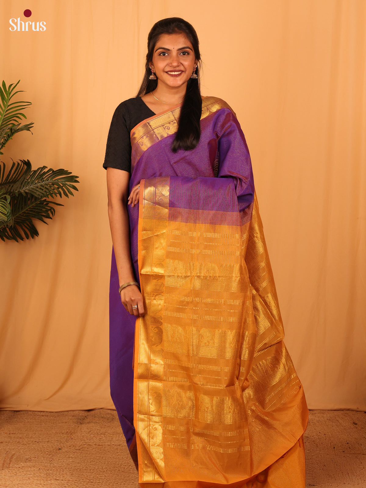 Violet & Mustard - Silkcotton-halfpure Saree