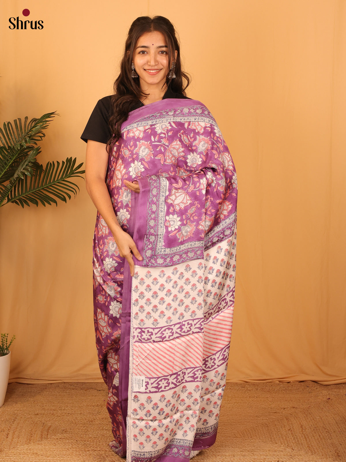 Purple & Cream - Modal Silk Saree