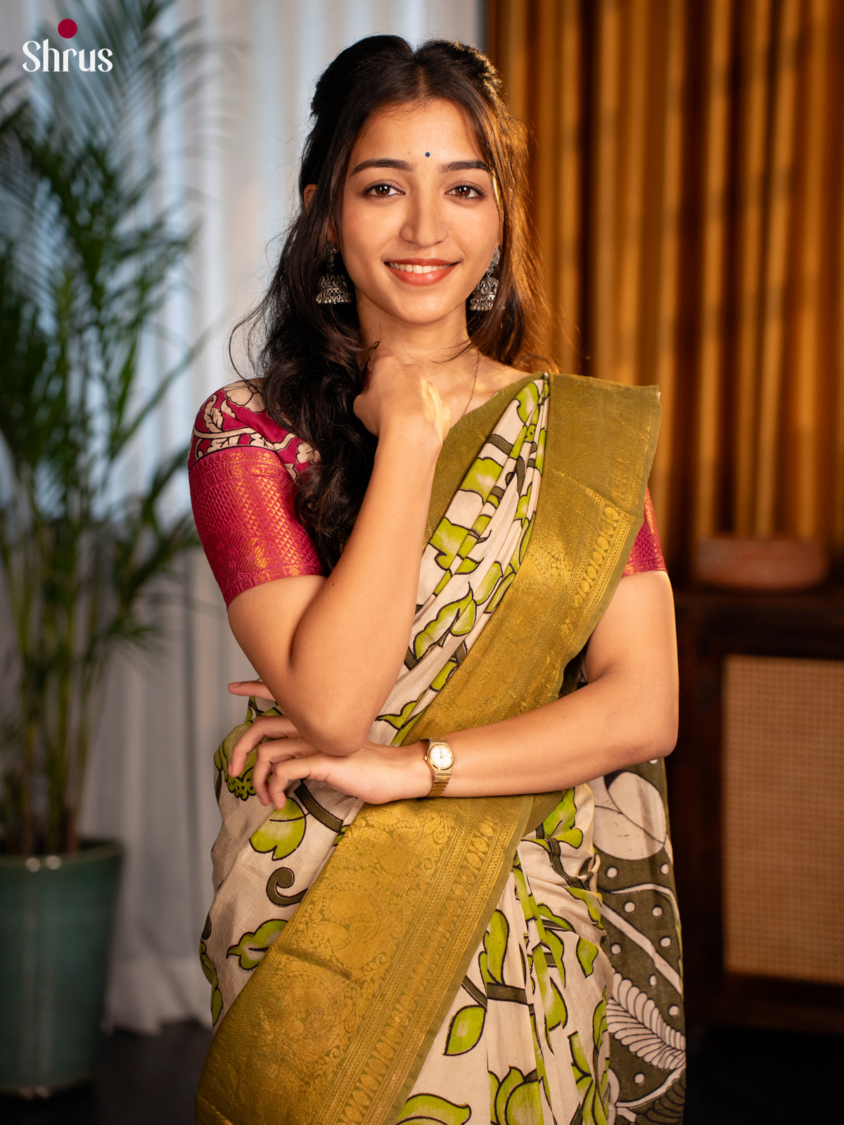 Cream & Green -Kalamkari printed  Mangalagiri silkcotton Saree