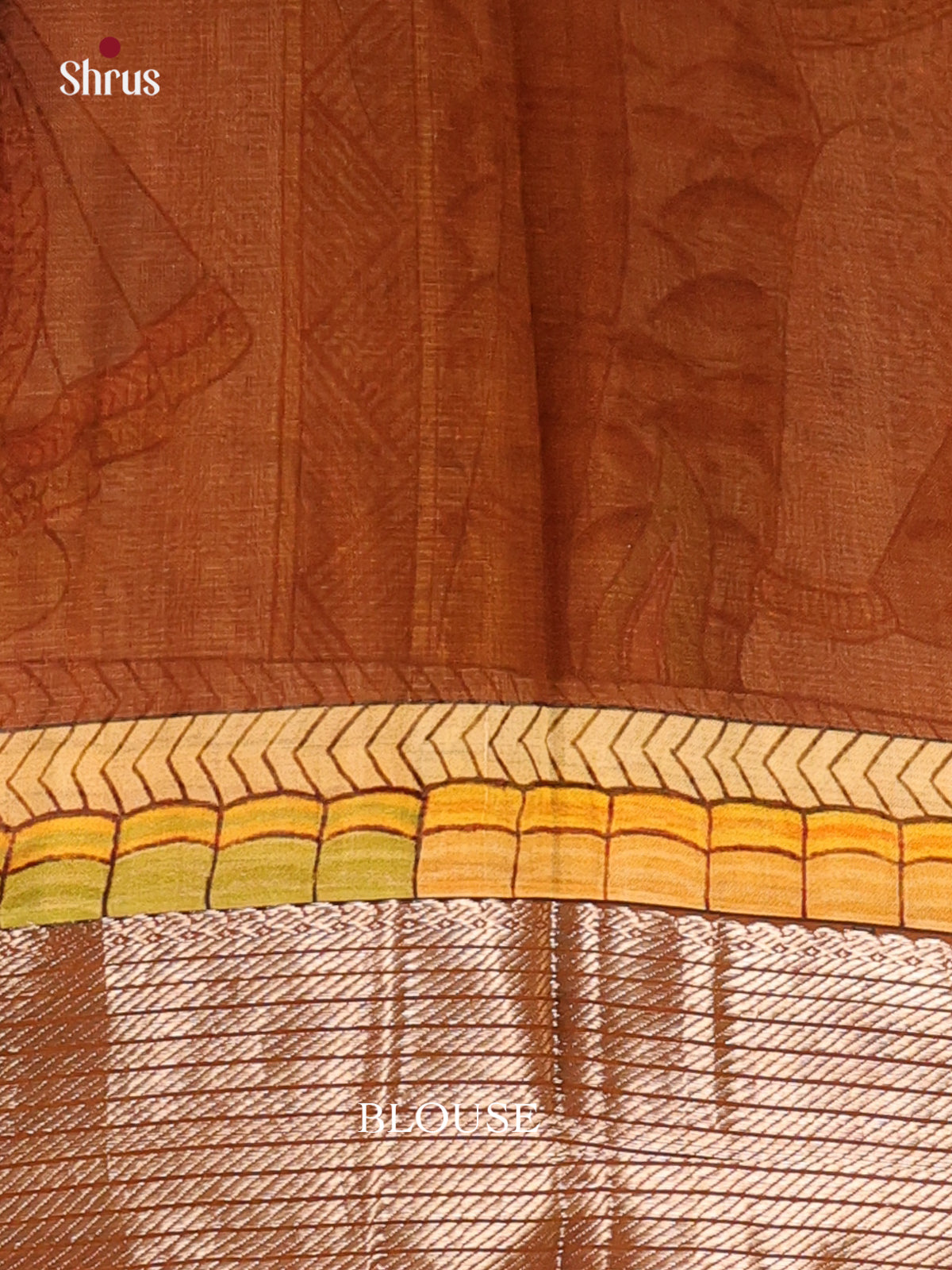 Yellow & Brown - Digital Printed Mangalagiri silkcotton Saree with silver zari border