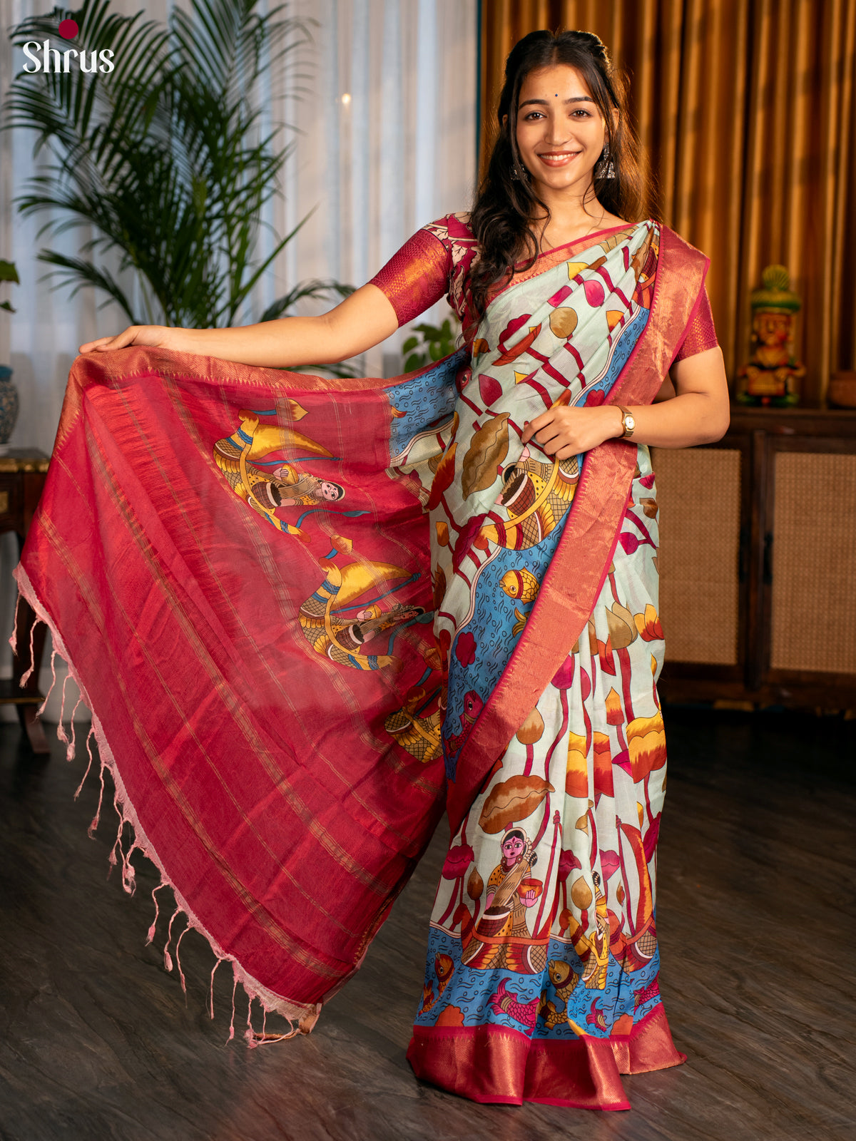 Pastel Blue & Maroon -Digital printed Mangalagiri silkcotton Saree - Shop on Shrus.com