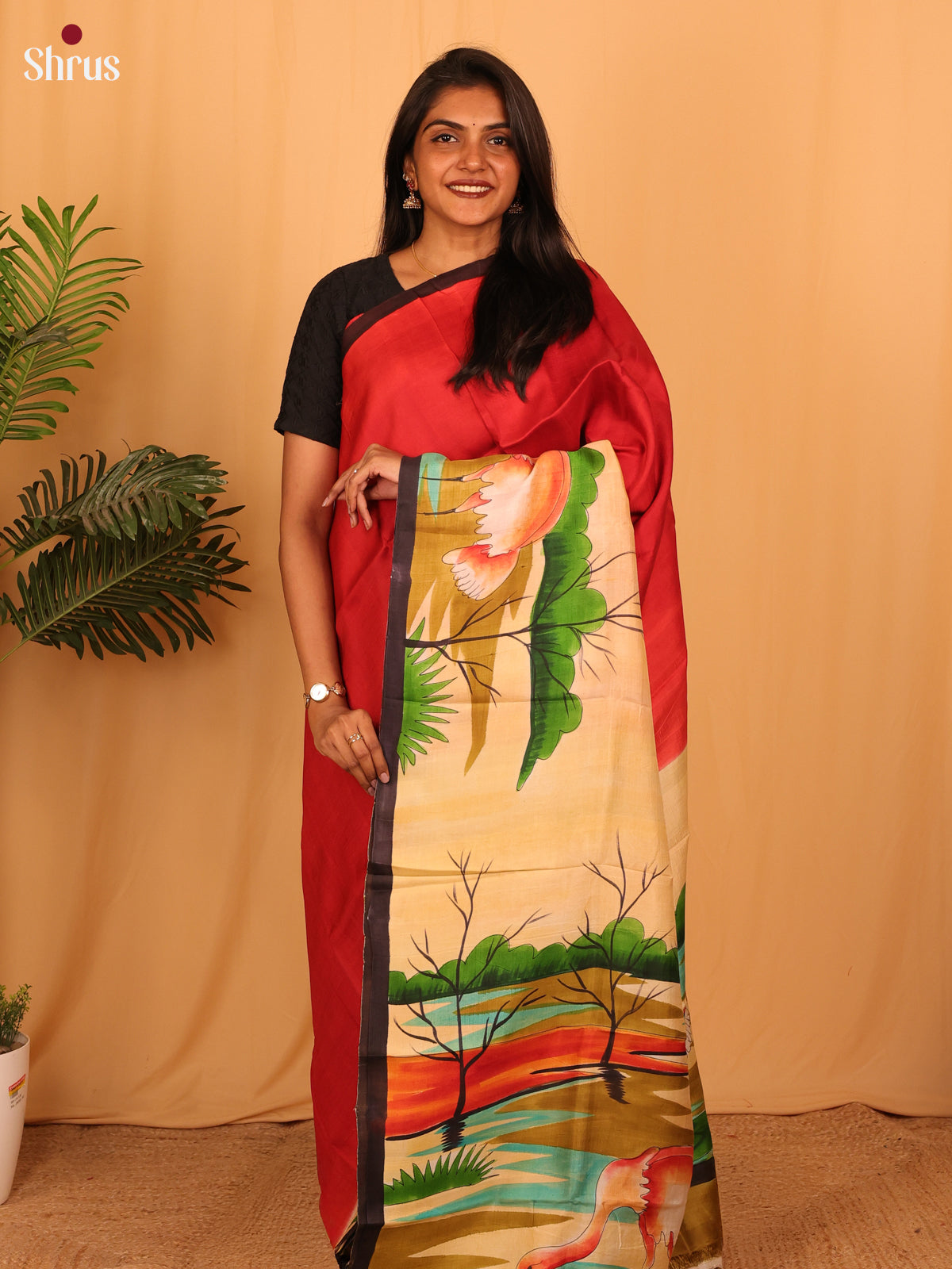 Red & Mustard - Murshidabad Silk Saree