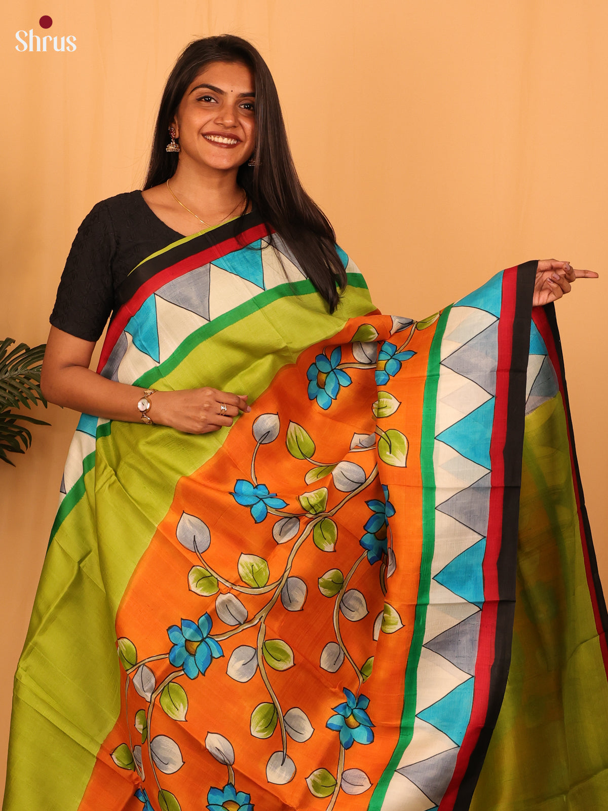 Orange & Green  - Murshidabad Silk Saree