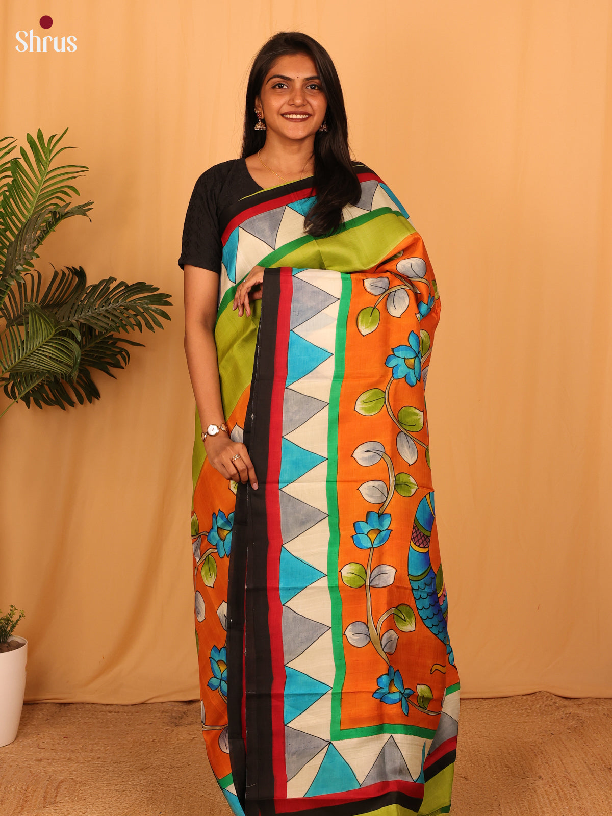 Orange & Green  - Murshidabad Silk Saree