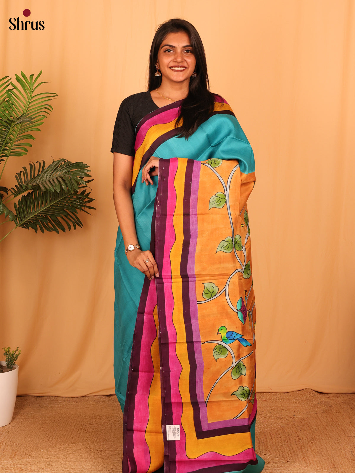 Blue & Orange - Murshidabad Silk Saree