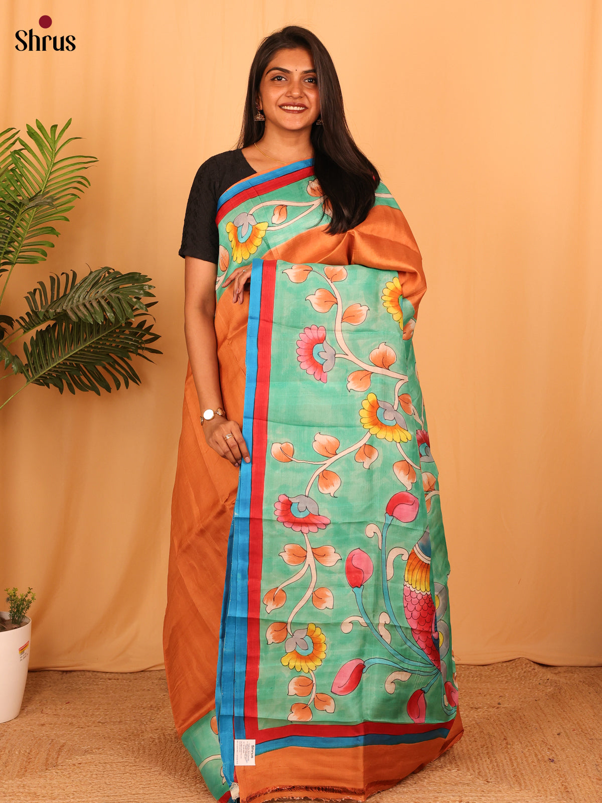 Orange & Teal - Murshidabad Silk Saree