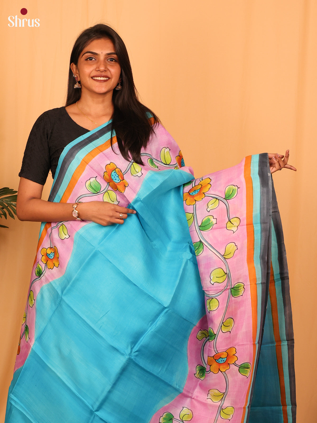 Blue & Pink - Murshidabad Silk Saree - Shop on Shrus.com