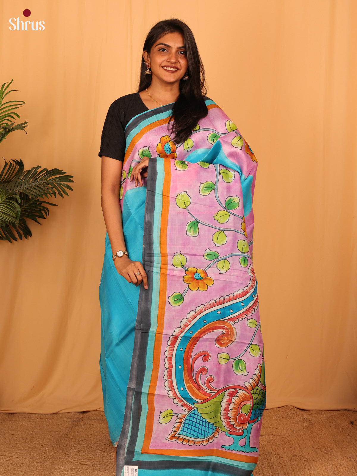 Blue & Pink - Murshidabad Silk Saree