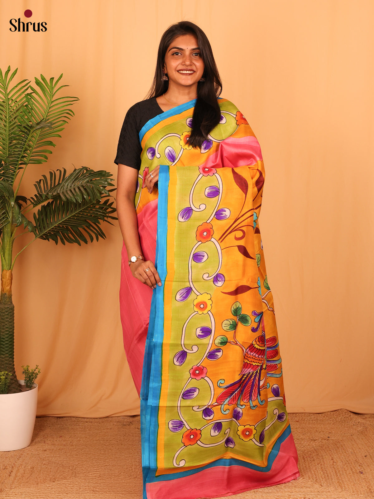 Pink  & Yellow- Murshidabad Silk Saree