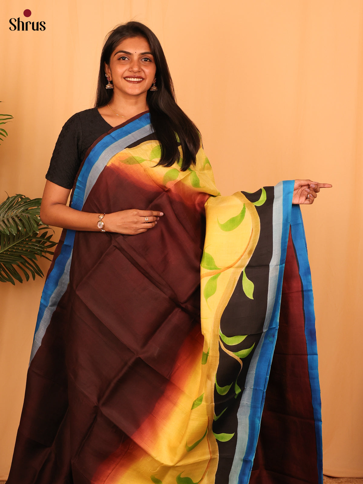 Brown & Yellow - Murshidabad Silk Saree