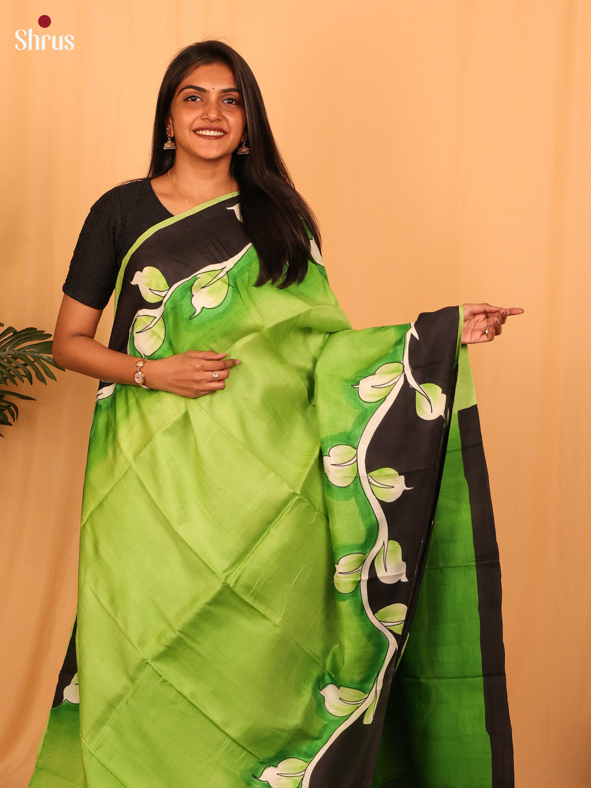 Parrot Green & Black - Murshidabad Silk Saree