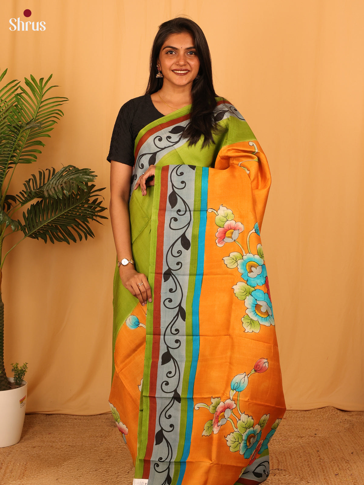 Green & Orange - Murshidabad Silk Saree