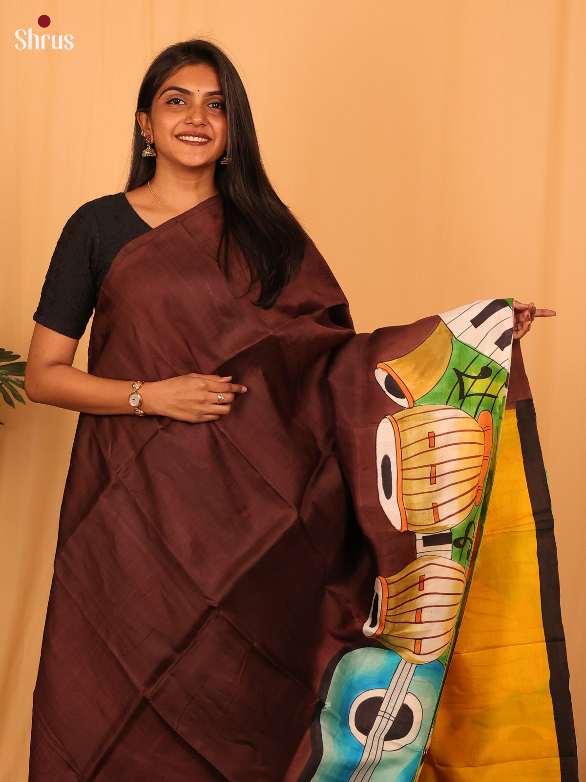 Brown & Yellow - Murshidabad Silk Saree - Shop on Shrus.com