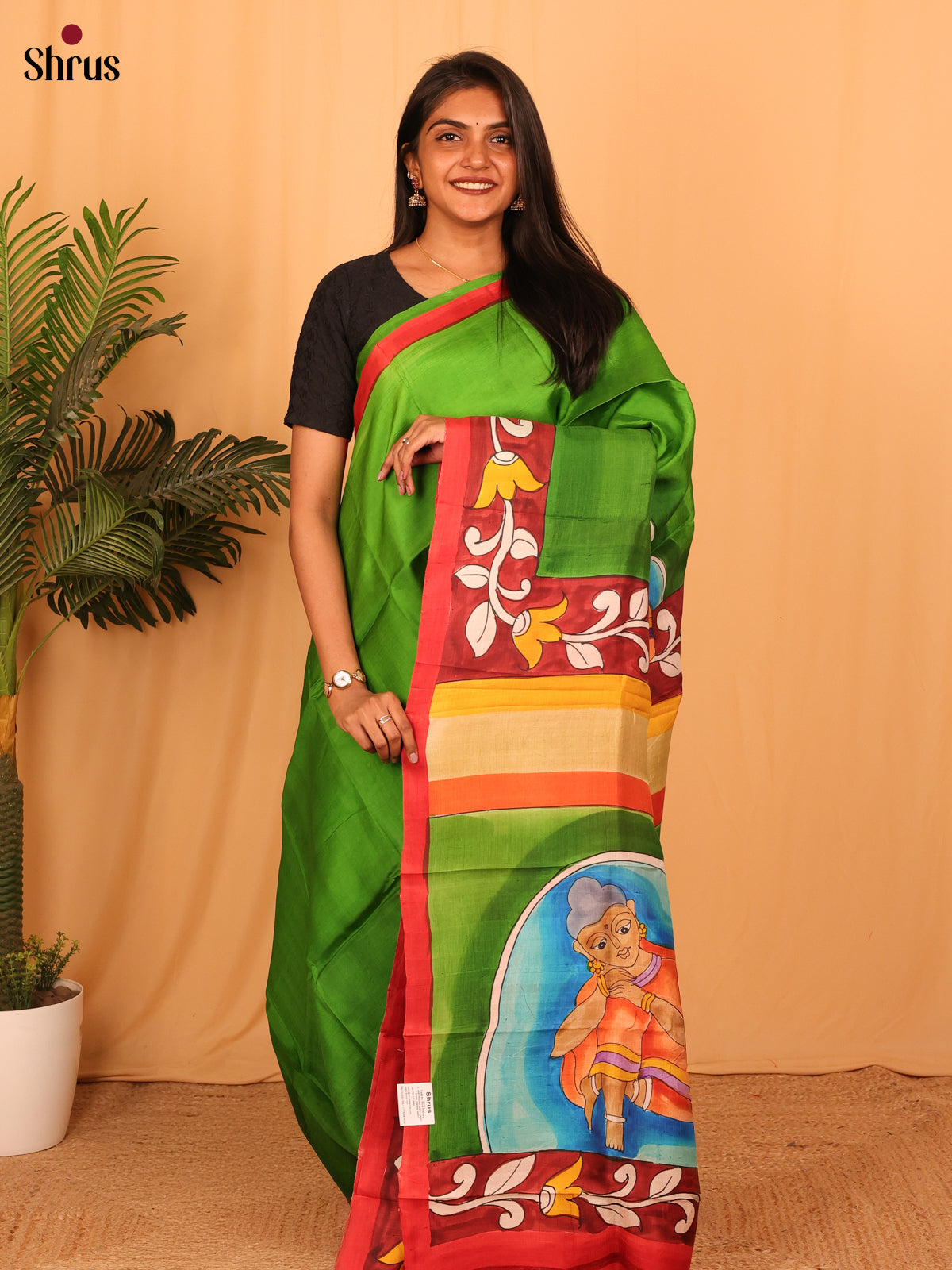 Green & Orange - Murshidabad Silk Saree