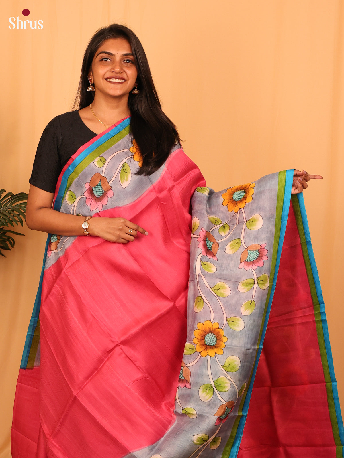 Pink & Grey - Murshidabad Silk Saree - Shop on Shrus.com