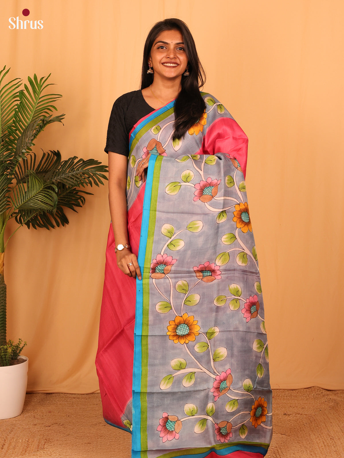 Pink & Grey - Murshidabad Silk Saree - Shop on Shrus.com