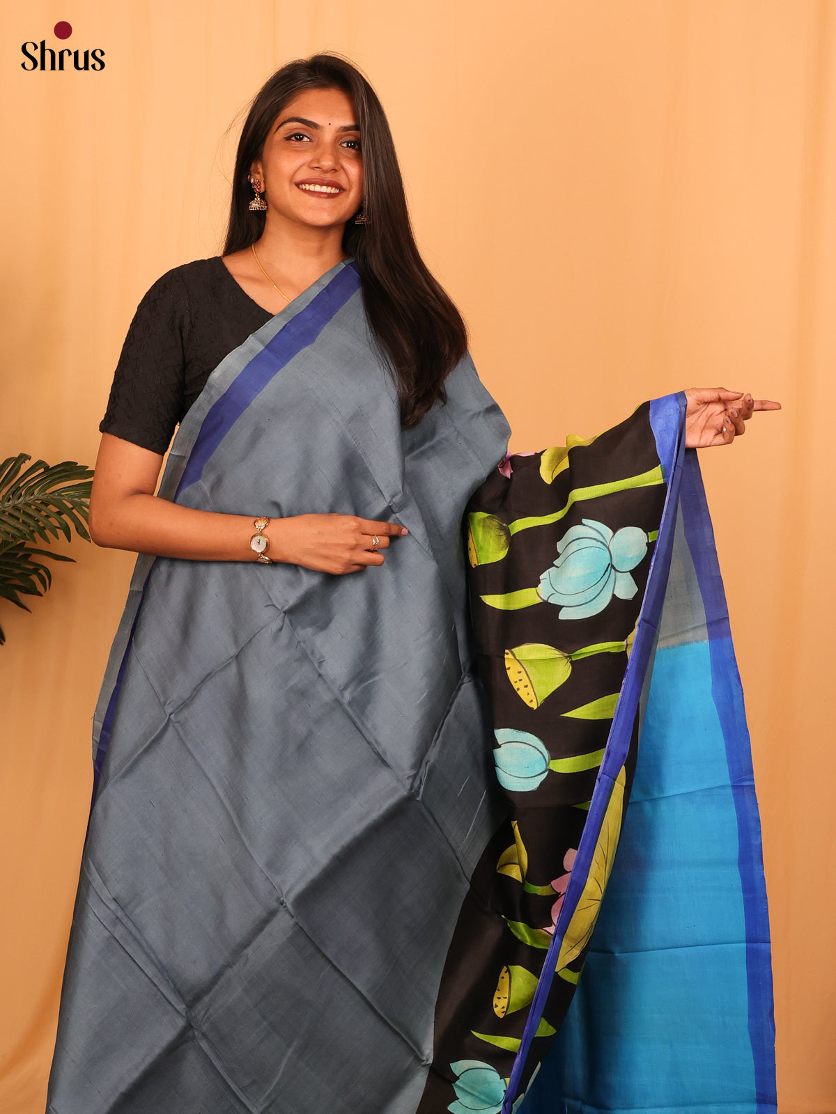 Grey & Blue - Murshidabad Silk Saree