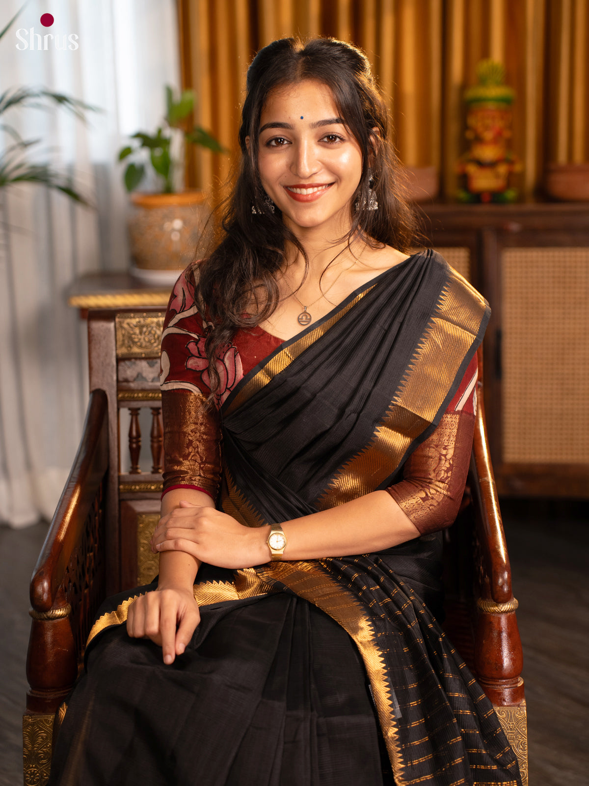 Black(Single Tone)- Mangalagiri silkcotton Saree with Gold Zari Border