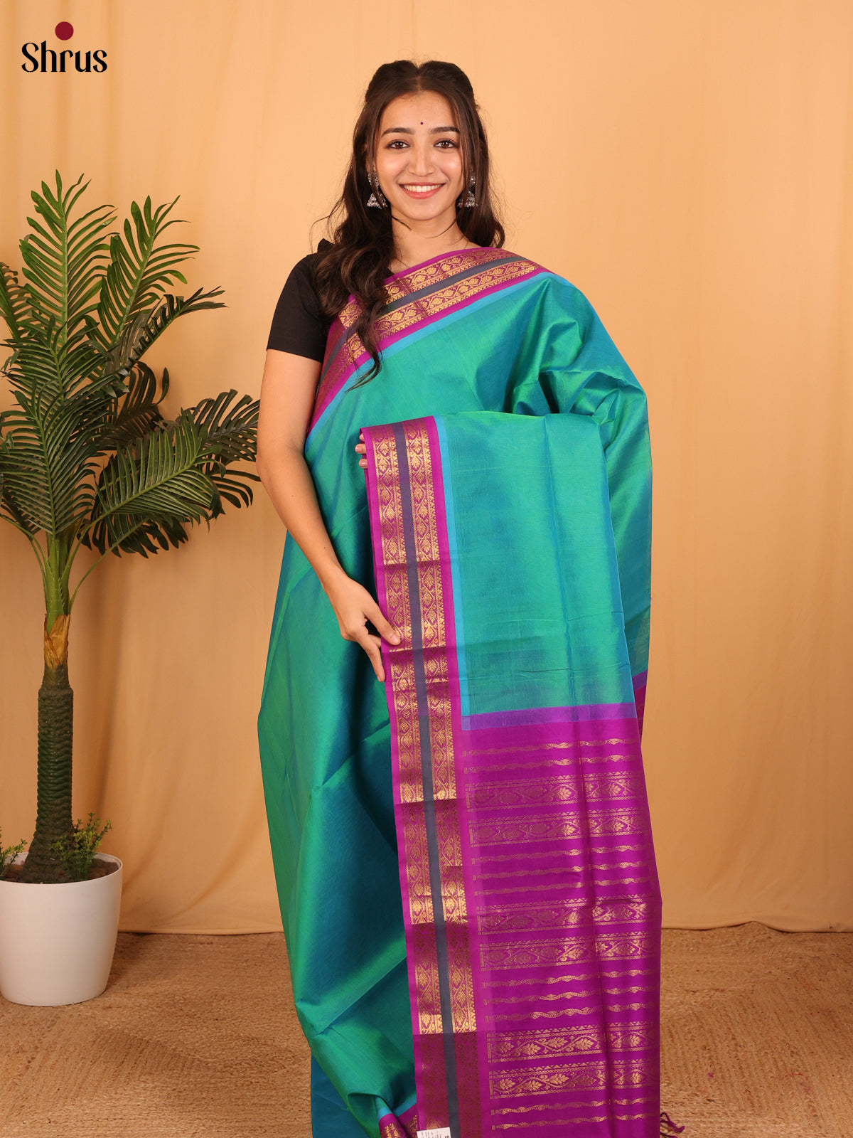 Green & Purple - Silk Cotton Saree - Shop on Shrus.com