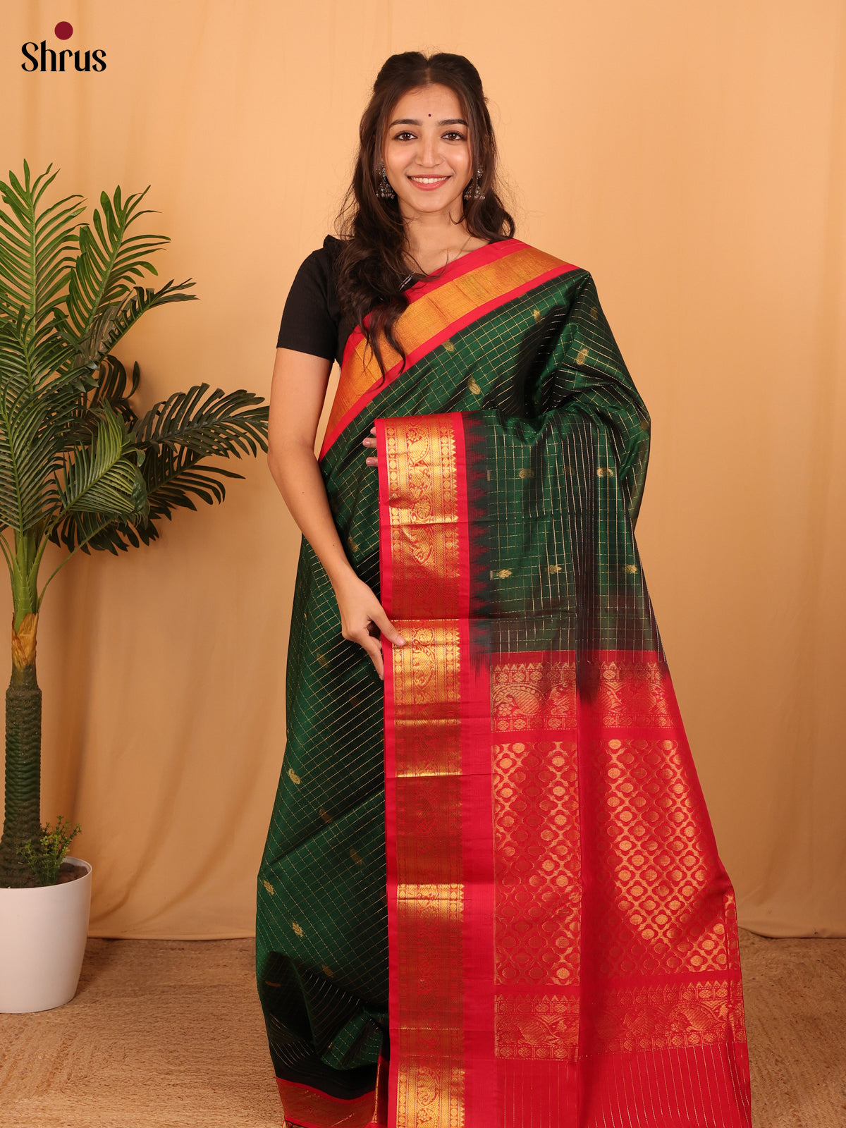 Green & Red - Silk Cotton Saree - Shop on Shrus.com
