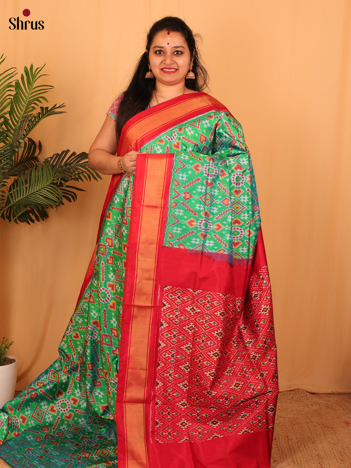 Green &  Red- Ikkat Silk Saree