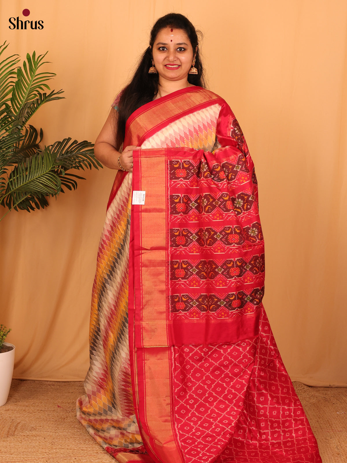 Cream & Red - Ikkat Silk Saree