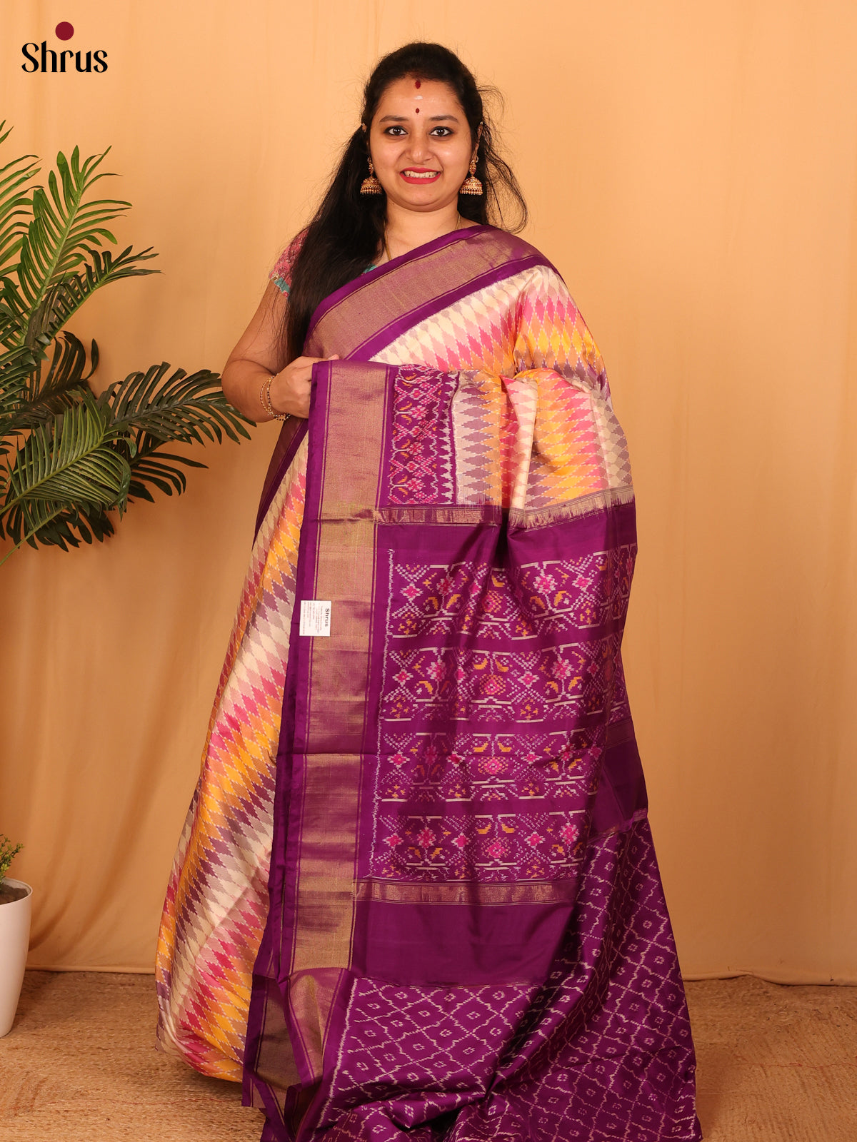 Cream &  Purple - Ikkat Silk Saree