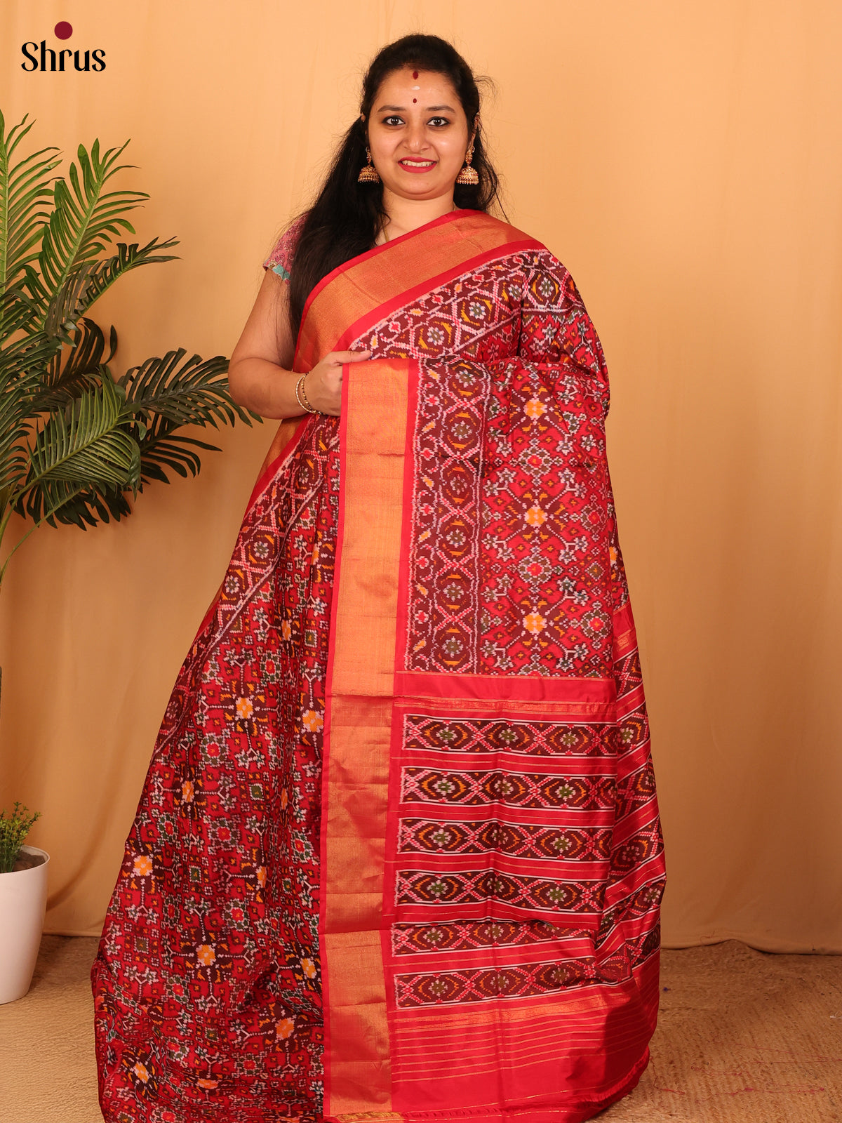 Maroon & Red - Ikkat Silk Saree