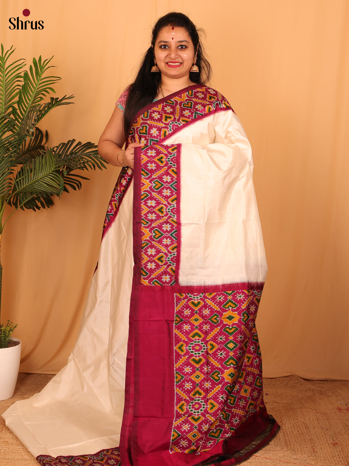 Cream & Maroon - Ikkat Silk Saree