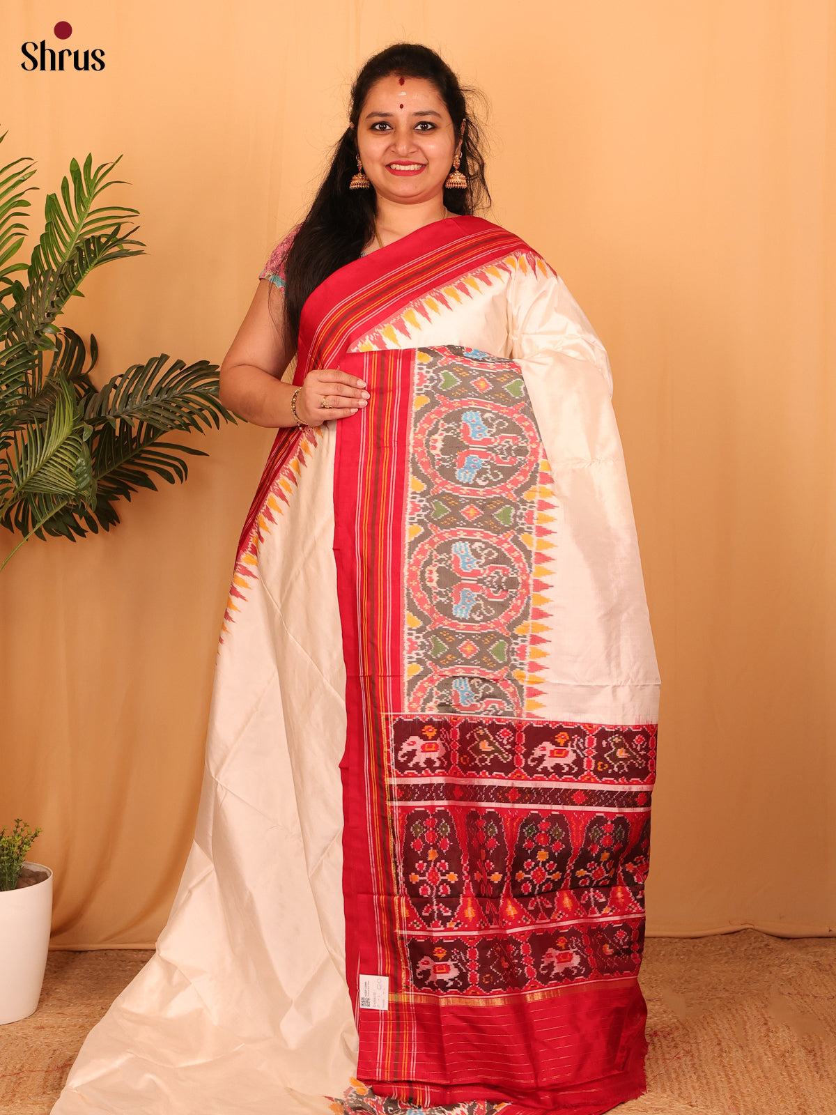 Cream & Maroon- Ikkat Silk Saree