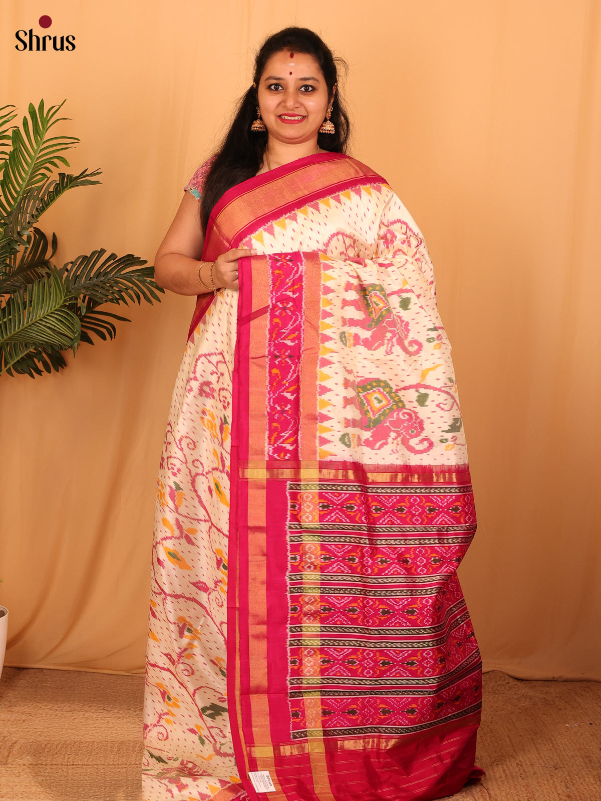 Cream & Maroon - Ikkat Silk Saree