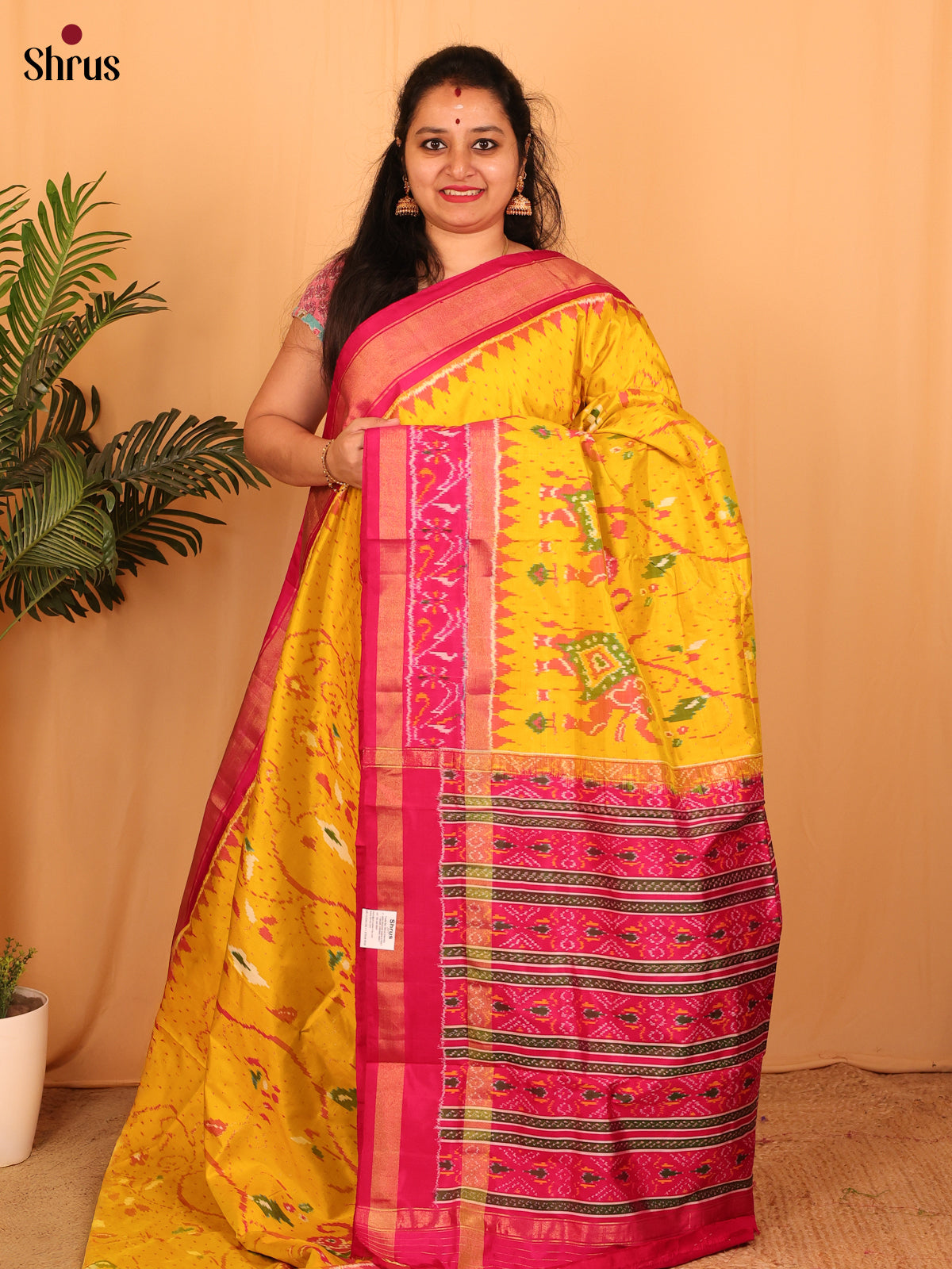 Yellow & Pink- Ikkat Silk Saree