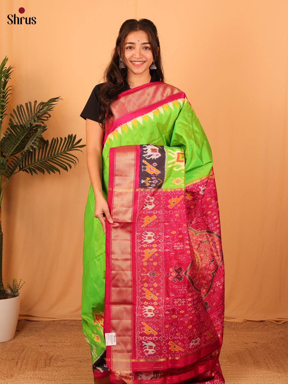 Parrot Green & Maroon - Ikkat Silk Saree