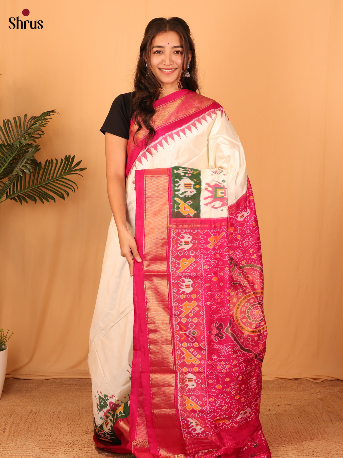 Cream & Pink - Ikkat Silk Saree