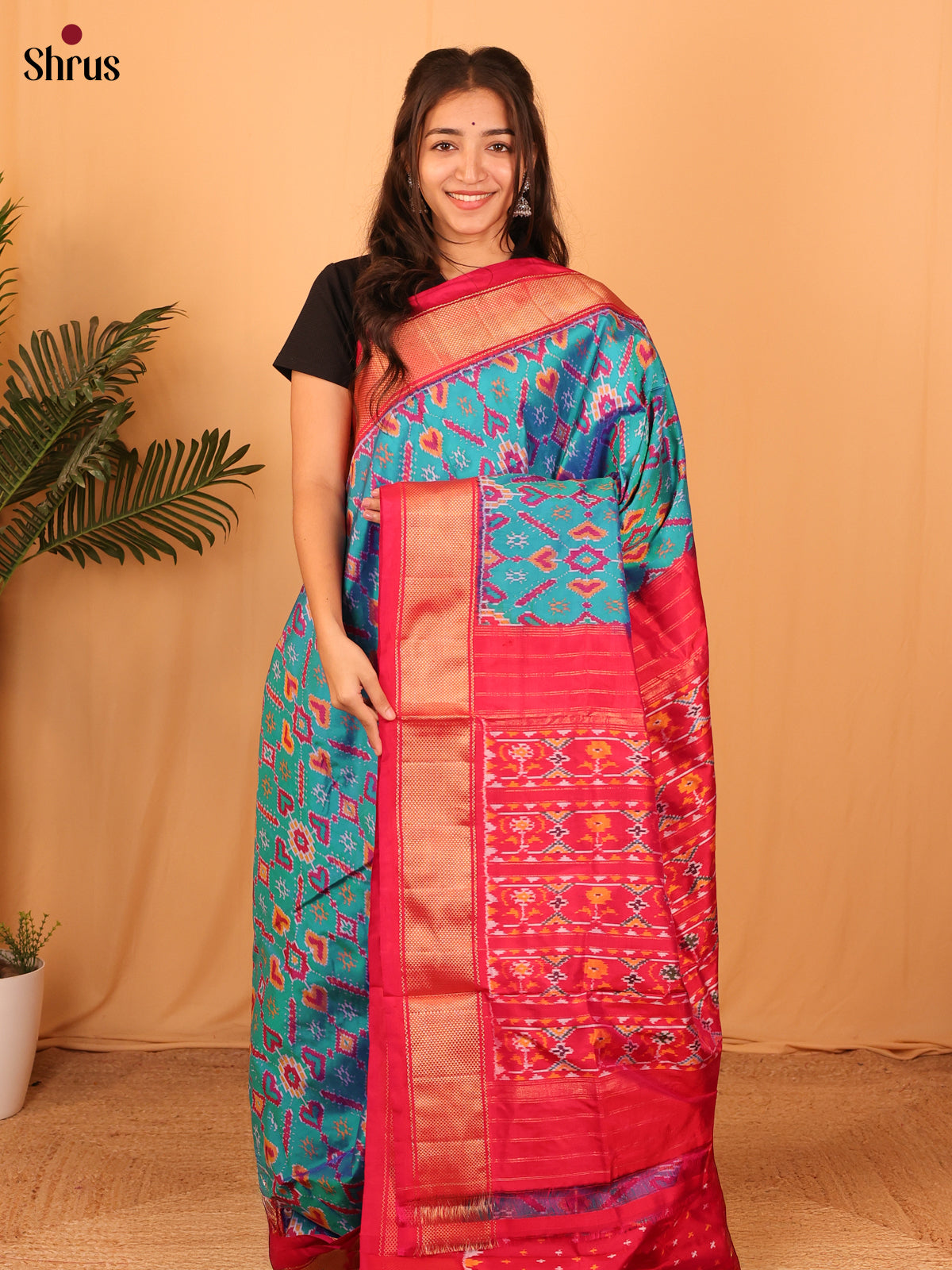 Blue & Red - Ikkat Silk Saree