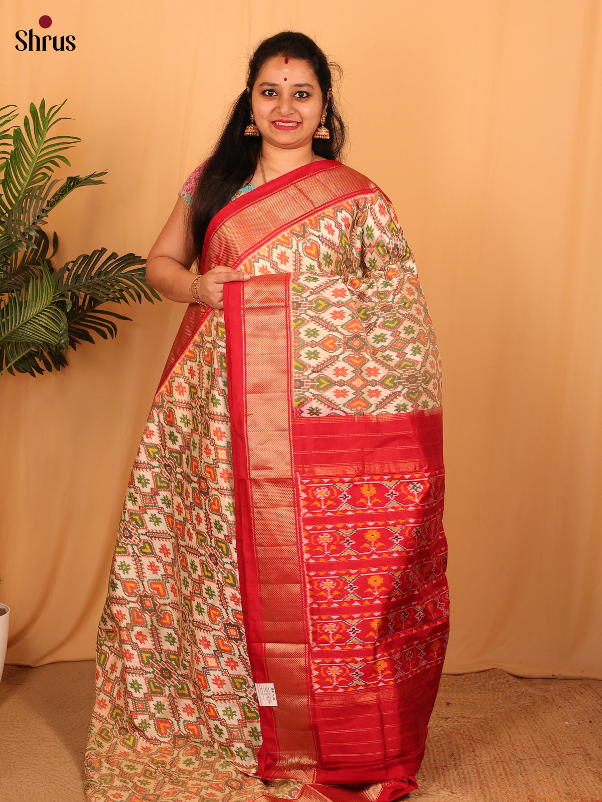 Cream & Red - Ikkat Silk Saree