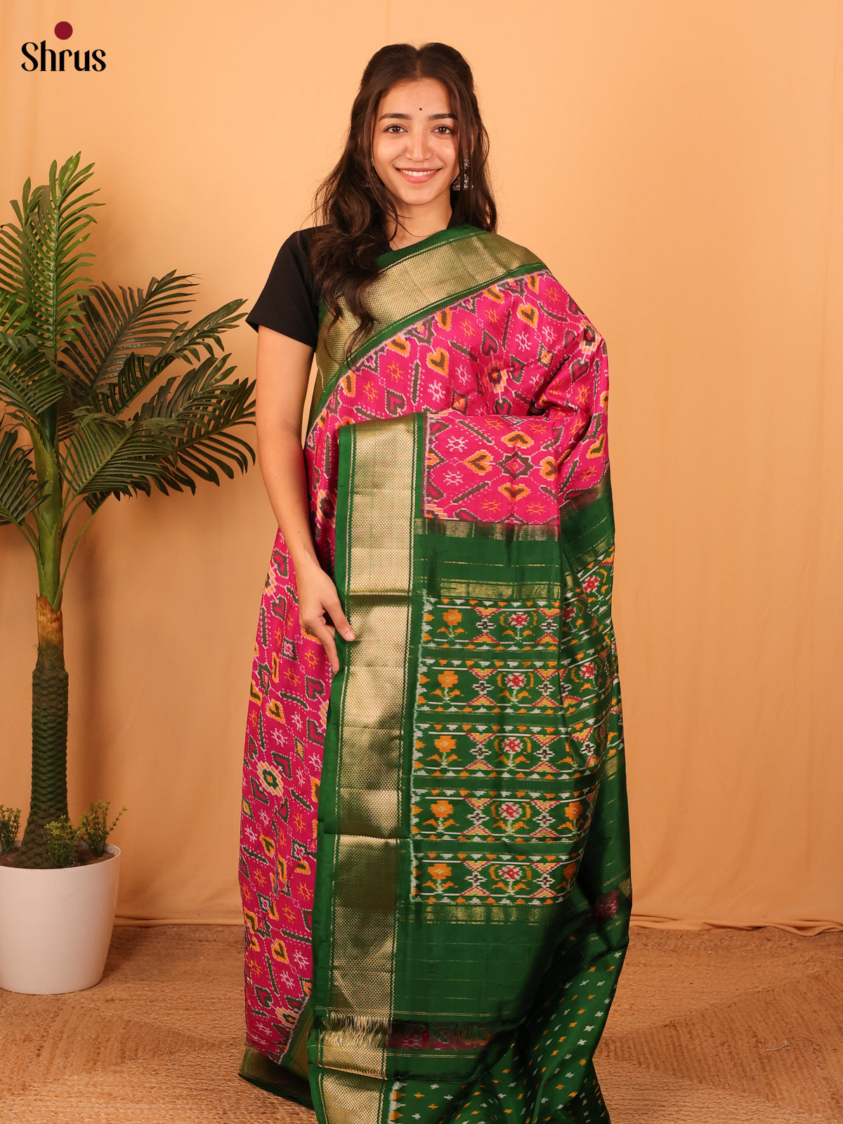 pink & Green - Ikkat Silk Saree