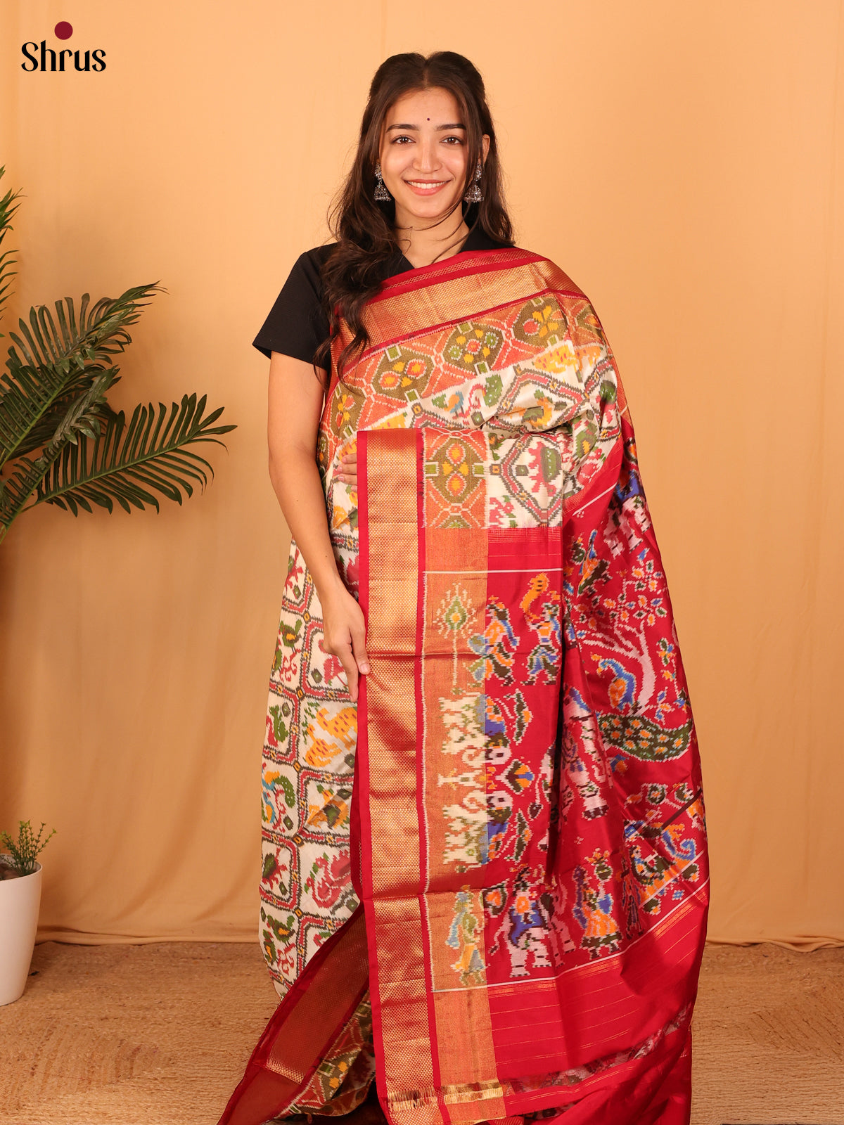 Cream & Maroon- Ikkat Silk Saree