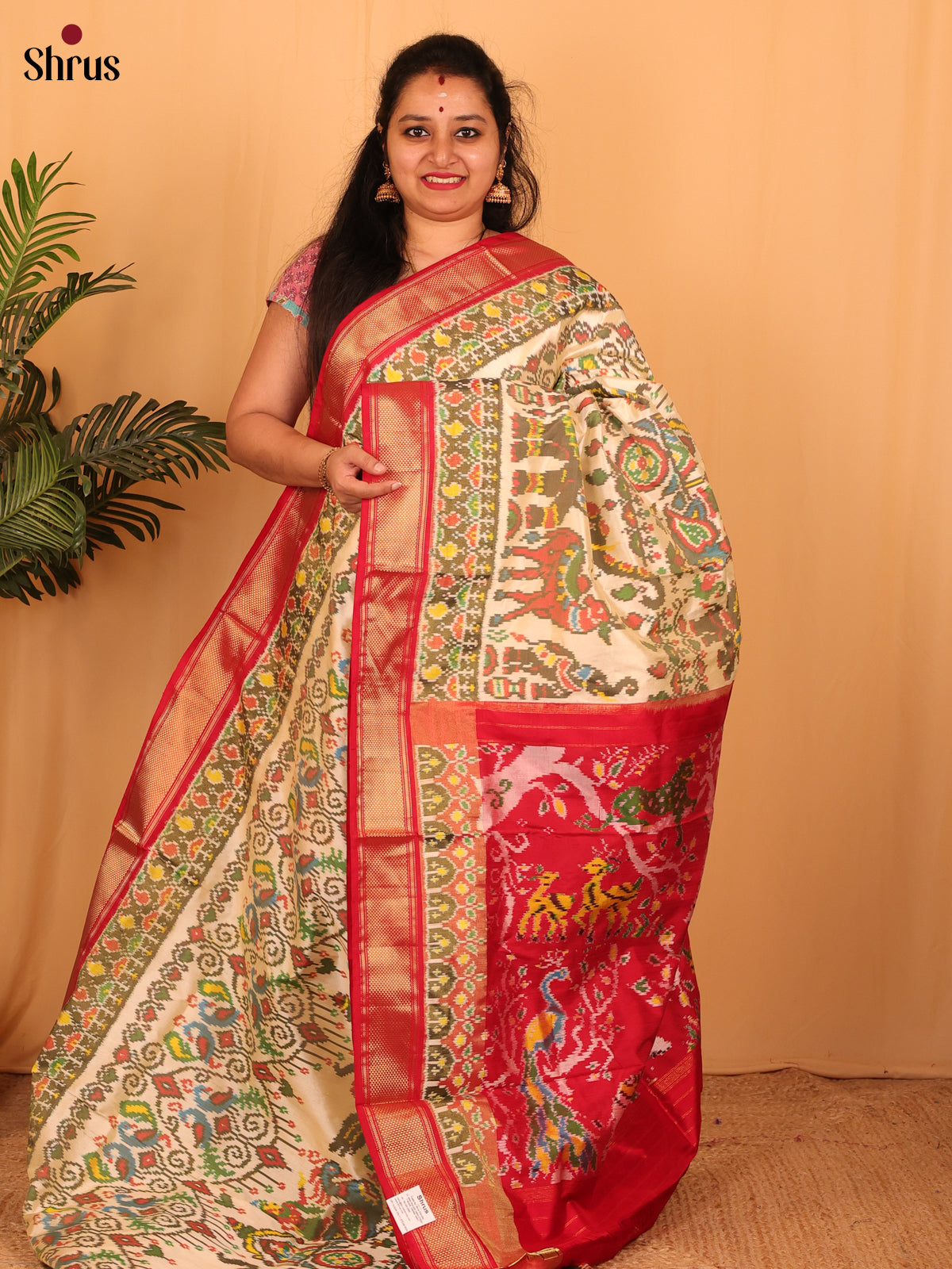 Cream & Red - Ikkat Silk Saree