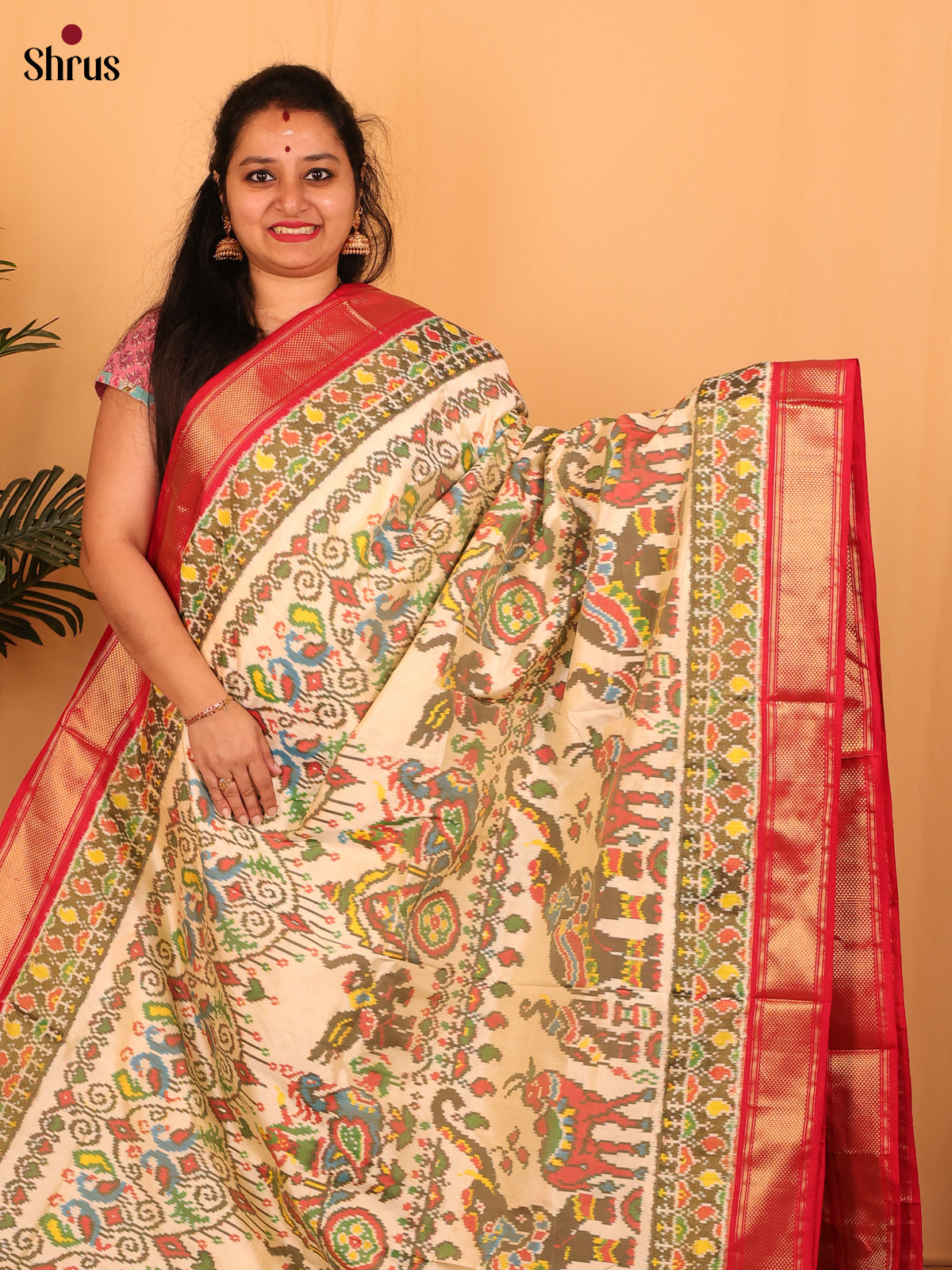 Cream & Red - Ikkat Silk Saree