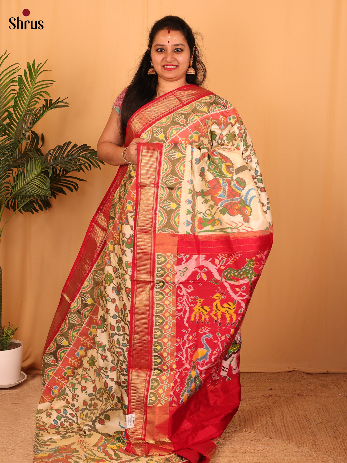 Cream & Red -  Ikkat Silk Saree